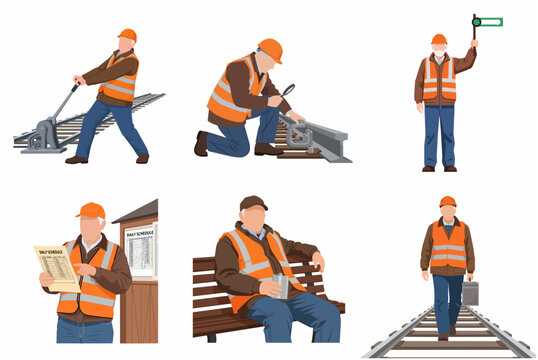 Railway Worker Set Illustrations: Maintenance, Signaling, and Inspection Tasks for Train Infrastructure