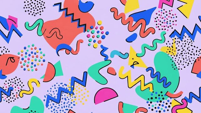 A stylized retro abstract background featuring a soft pastel purple layout where vibrant organic and geometric shapes bounce and relocate in a fast-paced stop-motion collage style. Great for cheerful 