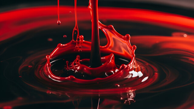 Red liquid splashing into a pool of water creating ripples and splashes in a dark background with vibrant colors.
