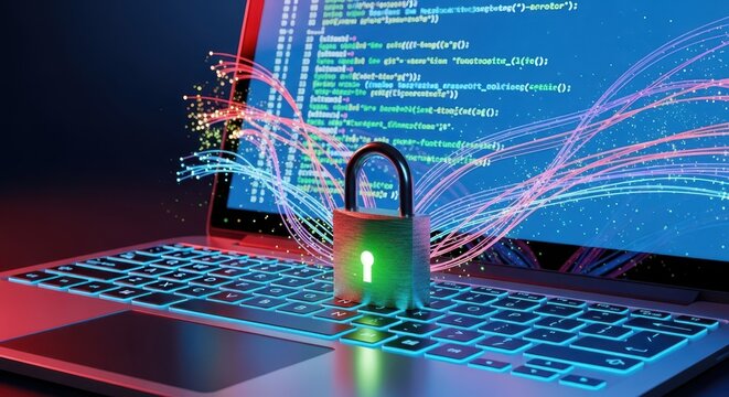 Cybersecurity concept featuring glowing padlock on laptop keyboard amid digital data streams