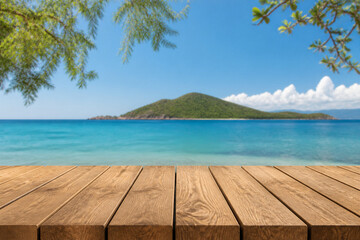 Fototapeta premium Wooden deck overlooking tranquil turquoise sea and island