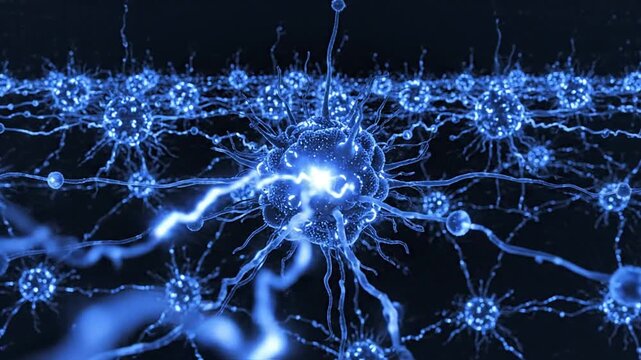Abstract artificial intelligence neural network visualizing data processing with glowing electrical impulses, representing machine learning, deep learning, cognitive computing, and futuristic...