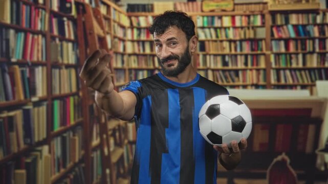 Man in blue and black striped jersey holding a soccer ball and making pinched fingers gesture in building library; playful confidence.