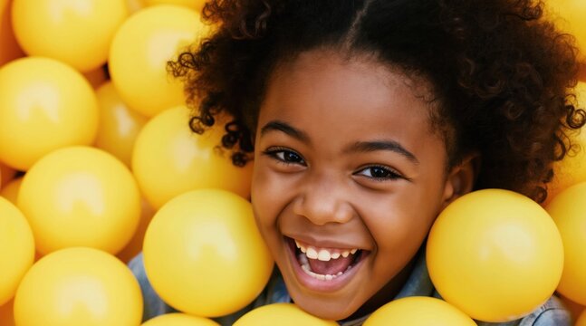 Young african american girl laughs in yellow ball pit. Child enjoys playtime with bright spheres. Black kid smiles happily in fun indoor playground. Youthful delight in soft play area.
