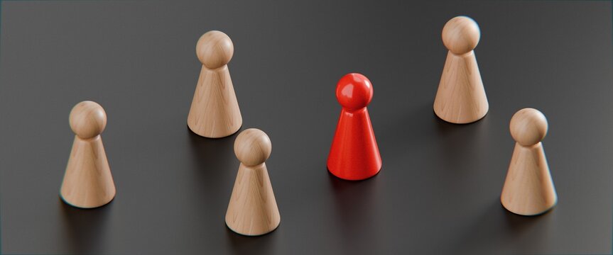 3d pawn figurines on a solid colour background with one highlighted in red, inclusion, individuality, business background