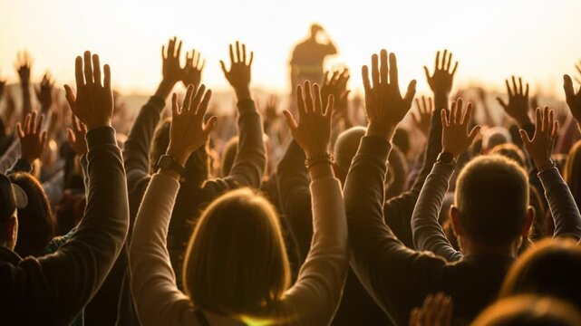 Crowd raising hands in celebration during a sunset event