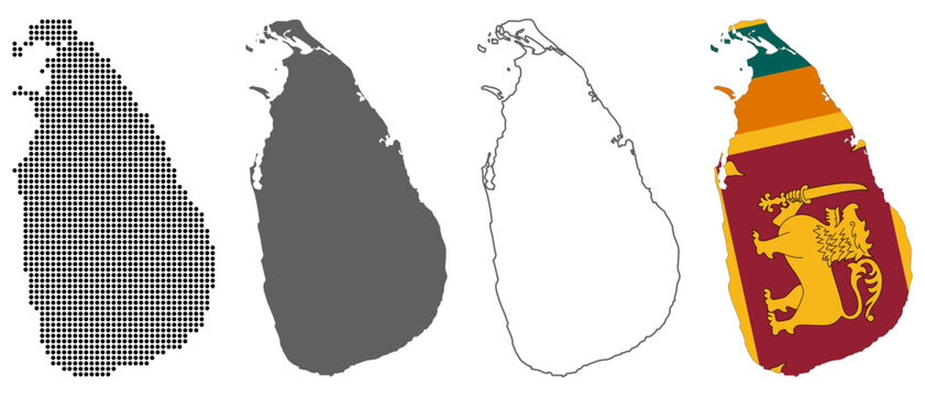 Sri Lanka country map vector set with dotted pattern solid silhouette outline and national flag illustration