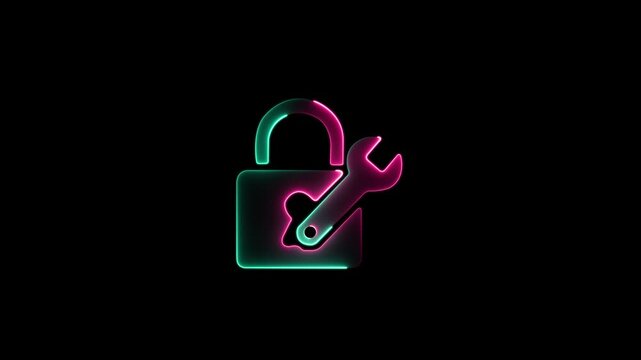 Glitch Effect Padlock and Wrench Icon Animation Loop with Vibrant Pink and Green Neon Light Glow on Isolated Black Background for Cyber Security Repair Concepts.