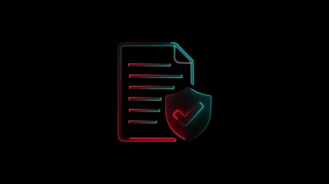 Glitch Effect Certified Document and Security Shield Icon Animation with Vibrant Red and Cyan Neon Light Glow on Isolated Black Background.