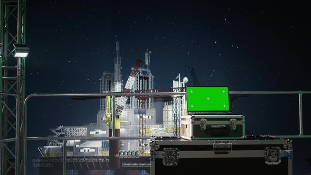 Green screen, tracking fuel shortages and mockup laptop in drilling barge during oil crisis with green screen laptop mockup.