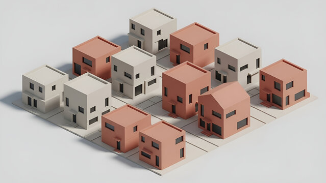 A cluster of modern, cube-shaped houses in white and terracotta colors with black windows on a grid street layout