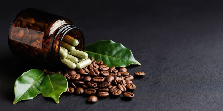 Brown bottle spills roasted coffee beans and green capsules. Fresh leaves rest near supplement pile. Natural energy boost for active lifestyle and wellness.