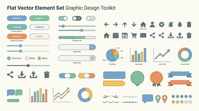 A comprehensive set of modern business infographic elements and flat vector icons including charts, graphs, and layout templates for web data design