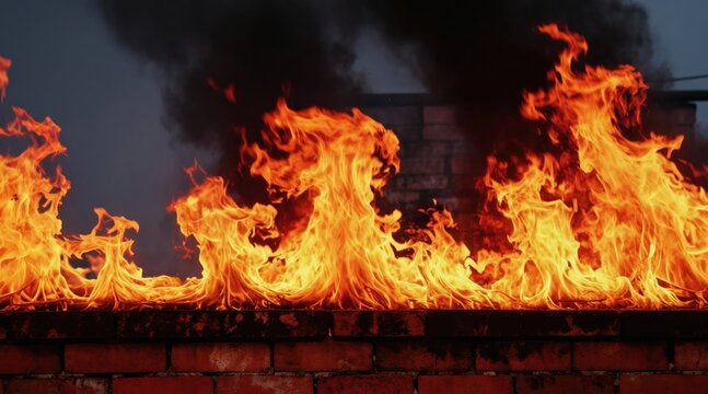 Fire erupts intensely above weathered brick wall. Intense orange flames and dark smoke create dramatic scene. Heat and destruction fill atmosphere. A dangerous inferno ignites on red brick structure.