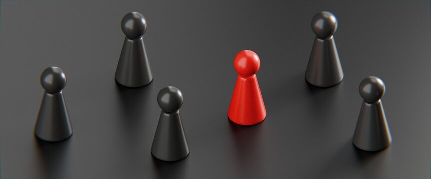 3d pawn figurines on a solid colour background with one highlighted in red, inclusion, individuality, business background