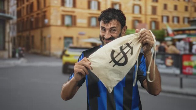 Man soccer player in blue striped uniform smiles and holds a money bag with dollar sign in his hand on a city street; playful wealth.