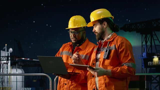 Offshore platform engineering team managing resources during oil crisis using laptop while coworkers review petroleum extraction metrics during blockade affecting operations, for energy operations.