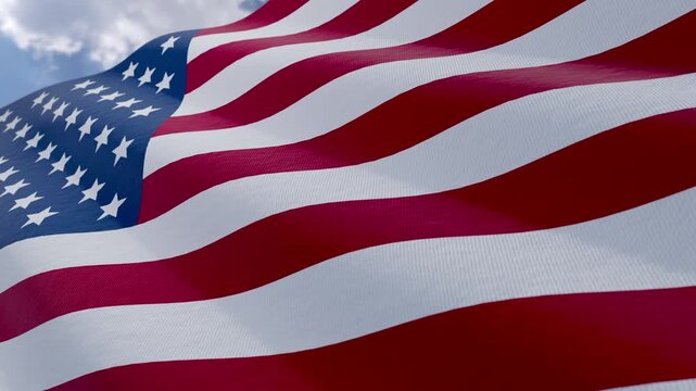 Seamless Loop of American Flag Waving Against Blue Sky and Clouds