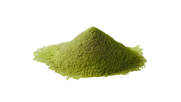 Isolated heap of vibrant green matcha tea powder, ingredient for healthy drinks and food