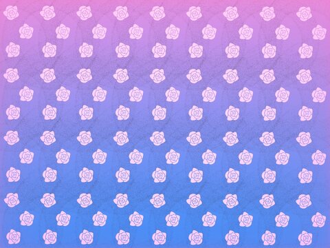 Abstract seamless pattern of white rose flower outlines on a vibrant pink, purple and blue gradient background. Floral backdrop with a subtle grainy noise texture for romantic designs