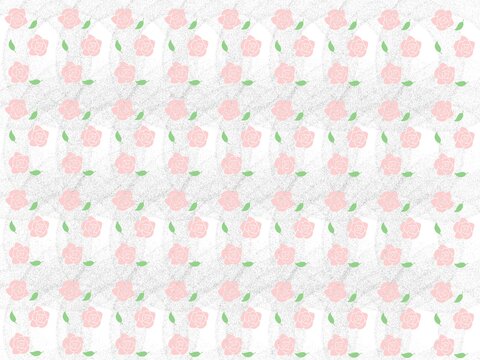 ​Floral seamless pattern featuring small pink roses and green leaves on a bright white textured background. Elegant repetition of dainty hand-drawn style rose buds and foliage