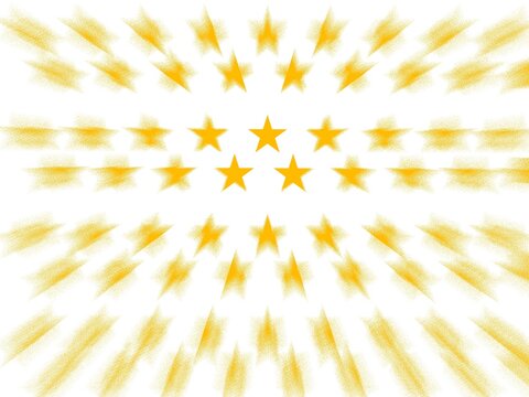 Dynamic background featuring golden yellow stars exploding outwards with a dramatic zoom effect on a white background. Energetic digital illustration with radial speed lines
