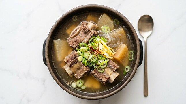 Clear beef rib galbitang soup daikon glass noodle close overhead shallow depth of field portrait isolation