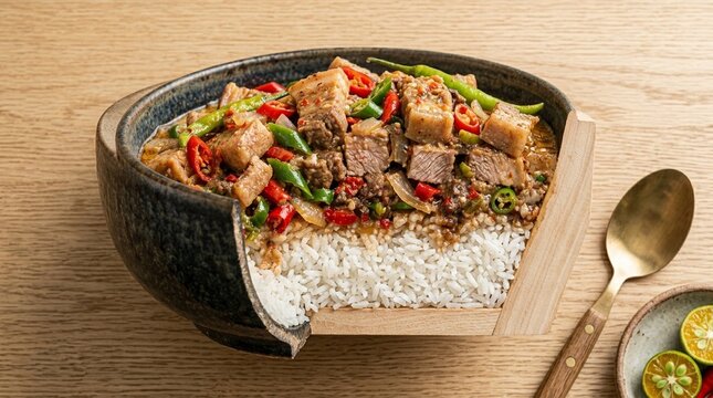 Bicol Express pork in coconut milk and chili overhead deep stack profile layers edge-on composition