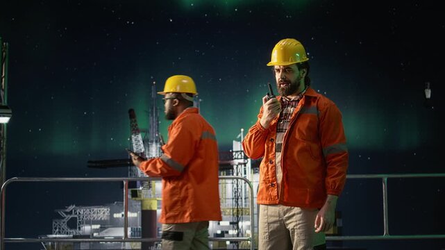 Providing operational updates, oil crisis and offshore platform engineer with walkie talkie while maintaining radio contact, blockade and drilling barge operator, offshore energy industry context.