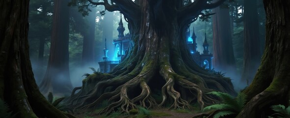 Naklejka premium Ancient tree with castle integrated into roots. Mystical blue light shines from windows. Thick fog surrounds mossy forest ground. Old trees stand tall in background.