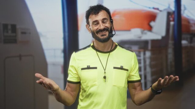 Man wearing neon yellow shirt and headset with whistle on lanyard gestures with outstretched palms and smiles in a building; friendly guidance.