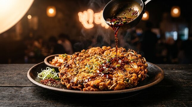 Crispy mung bean bindaetteok pancake golden close side hero action pour sauce or broth over dish freeze frame
