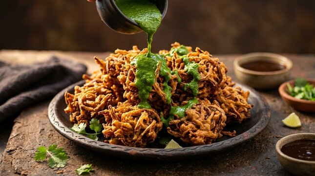 Crispy onion bhaji pakora pile on dark plate chutney action pour sauce or broth over dish freeze frame