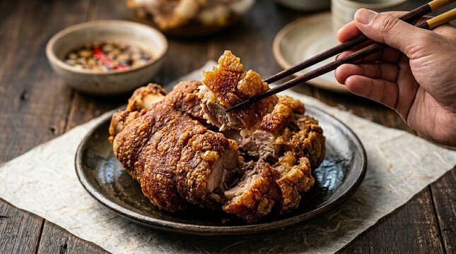 Deep-fried crispy pata pork knuckle close hero side hands-only chopstick or spoon lifting action close detail
