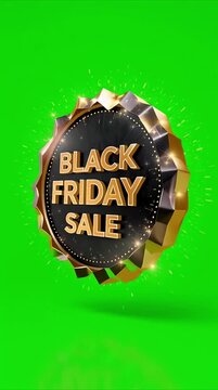 Black Friday sale badge animation on green screen. Black gold luxury badge zoom in bounce with sparkles. 4K seamless loop chroma key overlay for e-commerce ads, promos, social media.