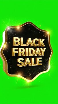 Black Friday sale badge animation on green screen. Black gold luxury badge zoom in bounce with sparkles. 4K seamless loop chroma key overlay for e-commerce ads, promos, social media.