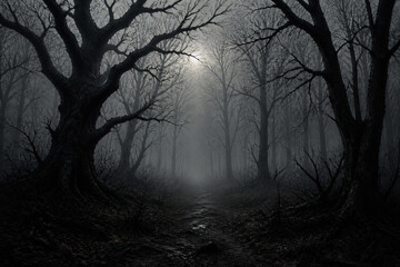 Obraz premium Foggy forest path through bare trees under moonlight