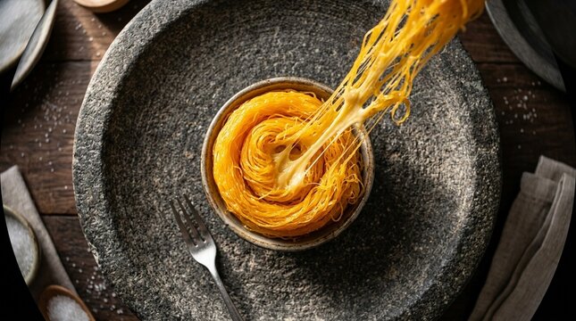 Gold foi thong egg yolk dessert thread coiled on plate overhead cheese or filling pull stretch freeze frame