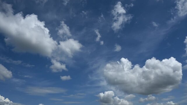 Time lapse of white cumulus clouds building and drifting through a bright blue summer sky
