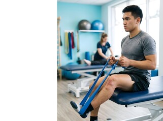 Fototapeta premium Young Asian man performs leg rehabilitation exercises with blue resistance bands in a bright clinic.