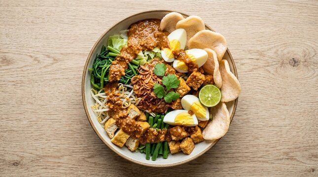 Peanut gado gado Indonesian peanut sauce vegetable tofu egg overhead straight on eye-level profile hero shot