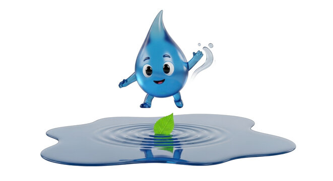 Happy water drop character jumping into puddle