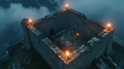 Fototapeta premium Overcast aerial view of stone fortress ruins, lit by torches. Mist surrounds ancient architecture, showing crumbling walls and pathways. Dramatic atmosphere for fantasy or war settings.