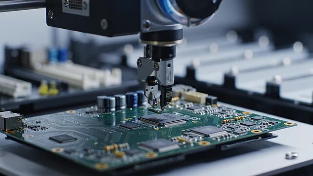 Automated robotic arm precisely assembling microchips onto a printed circuit board (PCB) for advanced electronics manufacturing. Symbolizes Industry 4.0, smart factory, and digital innovation in...