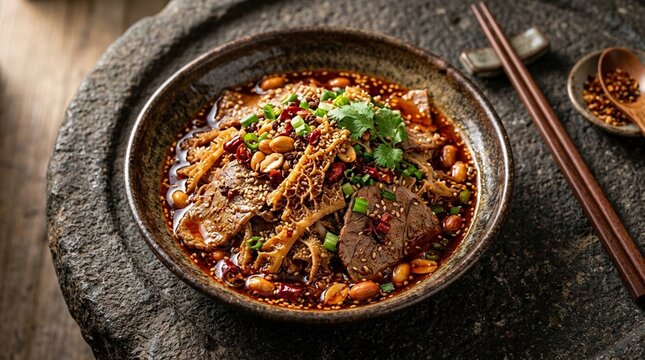 Fuqi feipian thinly sliced beef tripe sesame chili oil overhead three-quarter angle plated full context