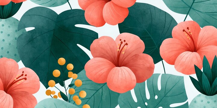 Tropical paradise scene with bold red hibiscus blooms and large palm leaves