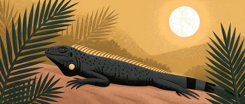 Black iguana lounges amid palm trees under a golden sun