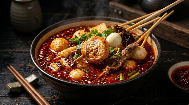 Red Sichuan malatang spiced broth with ingredient skewers bite taken cross-section interior revealed