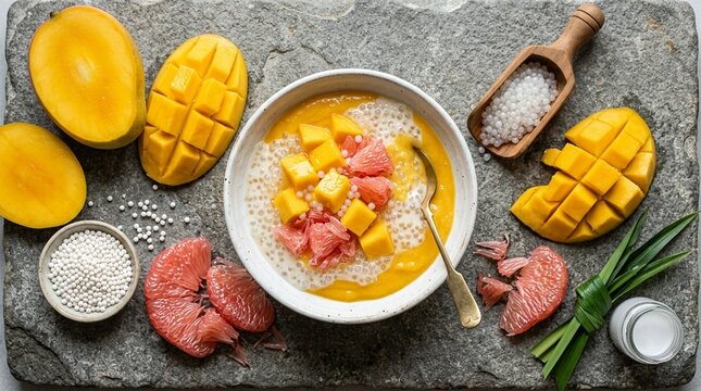 Hong Kong mango pomelo sago dessert in white cup close scatter flat lay ingredients arranged