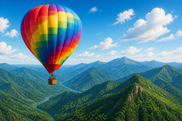 Fototapeta premium Colorful hot air balloon floating above green mountain range